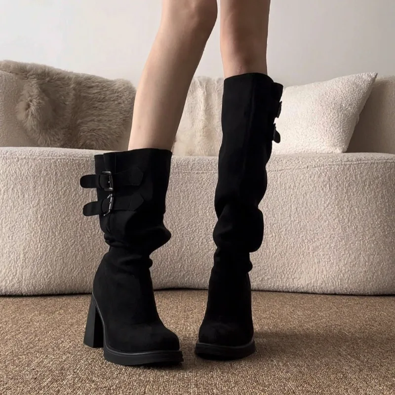 Retro Belt Buckle Heels 2026 Small Man Block Heel Pant Leave Pile Boots
