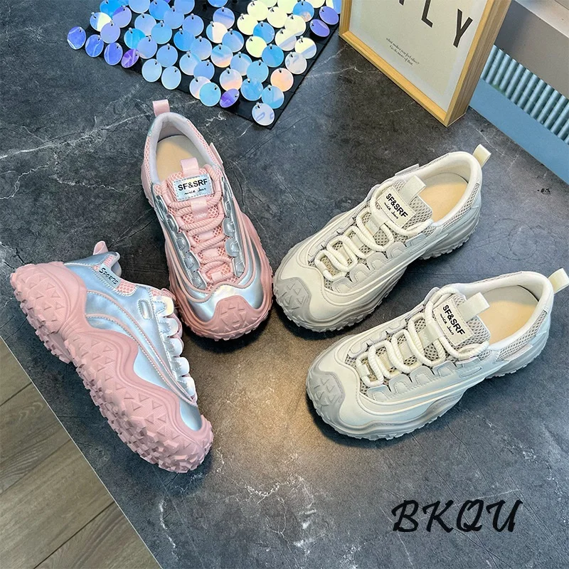 

BKQUPVC Soles Daddy Shoes Women 2024 Autumn New Thick Soles All Sports Leisure Increase When Shangde Training Shoes