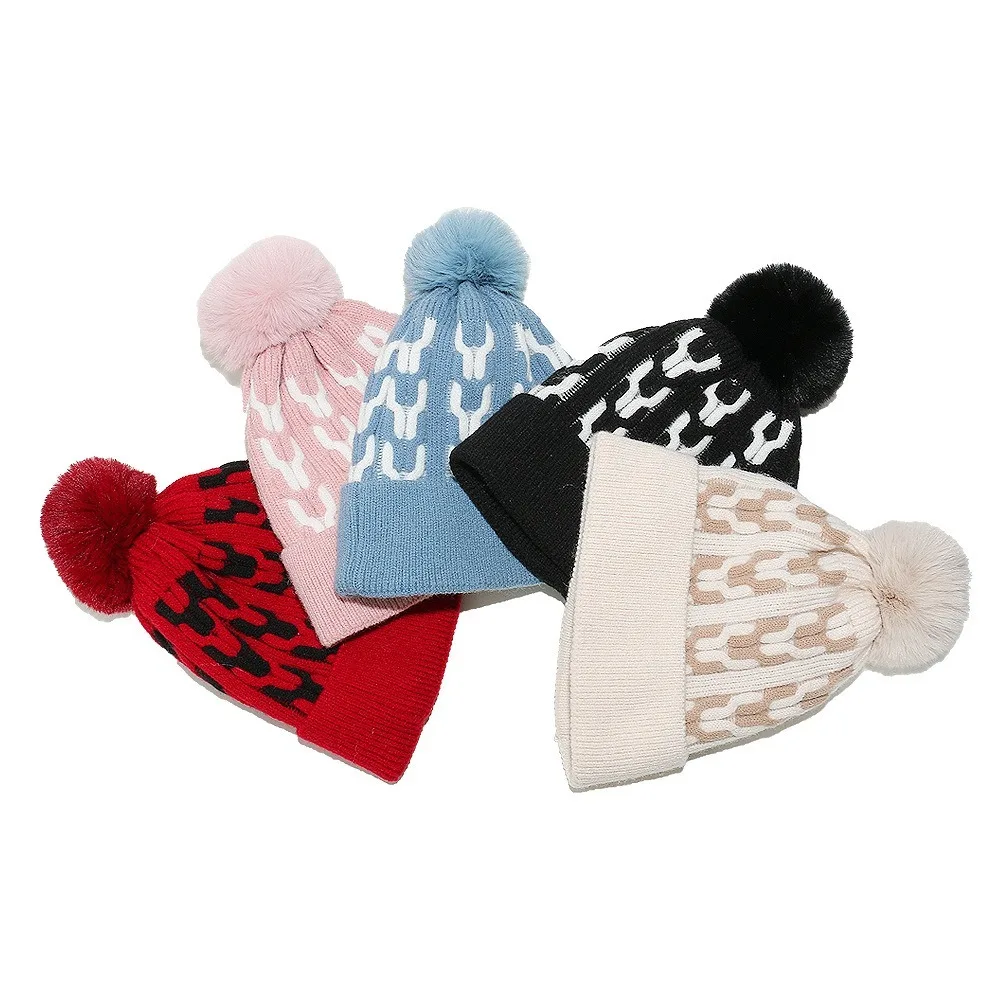 Cute Thickened Beanie Hat Y-shaped Stripe Pattern Keep Warm Knitted Hat with Faux Fur Pompon Ball Ear Protection Hat