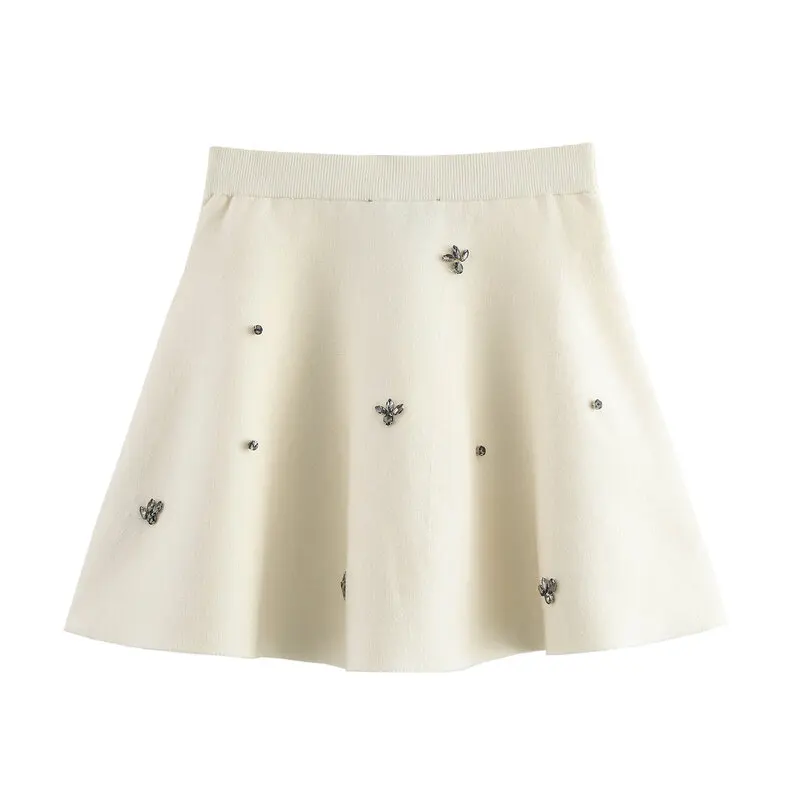 2025년 봄 여성용 부드러운 라운드넥 반팔 니트 탑 신상 패션 주얼리 비즈 디자인 (25-35세)