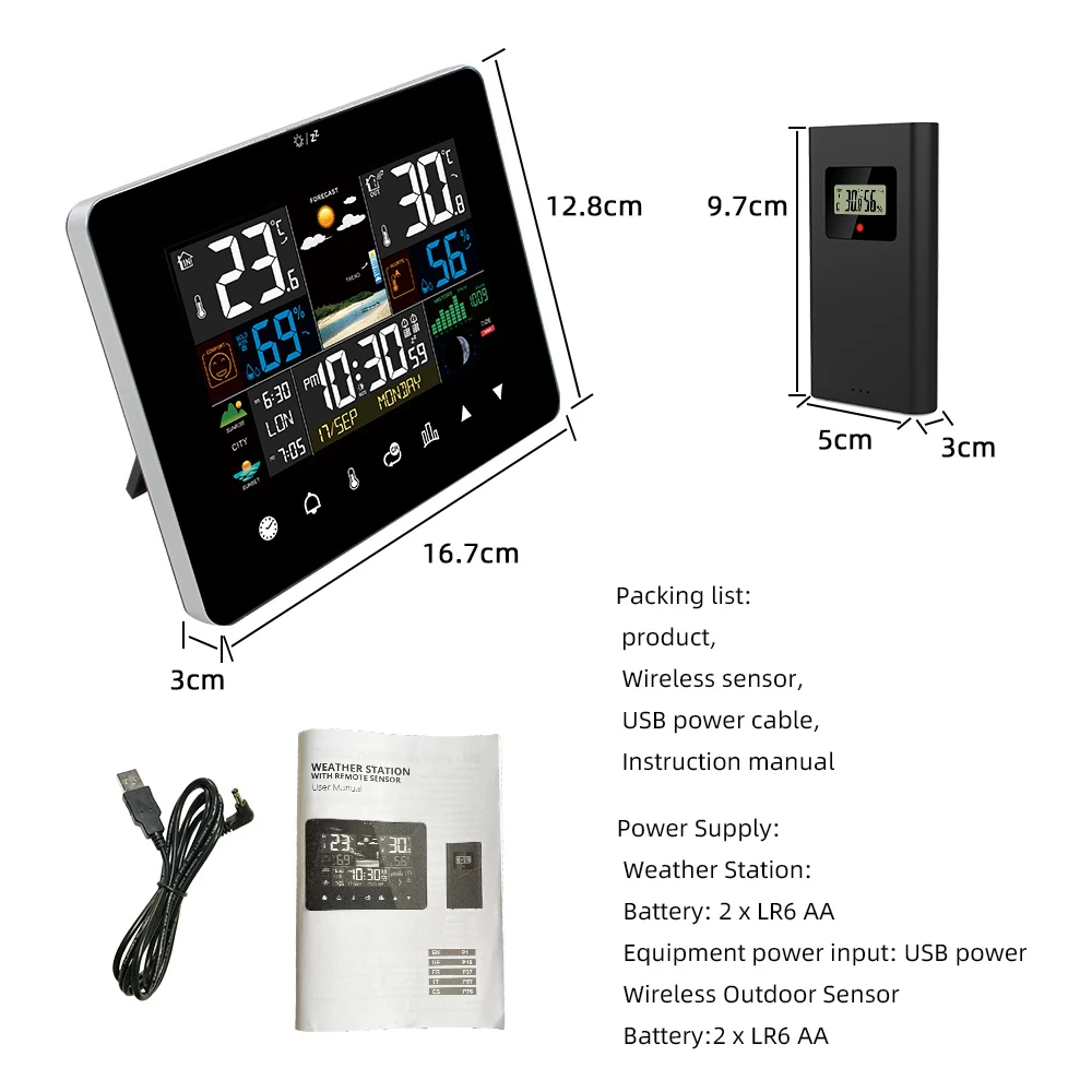 Sunrise and Sunset Weather Station Multi-function Alarm Clock Thermometer Hygrometer Touch Screen Operation with Wireless Sensor