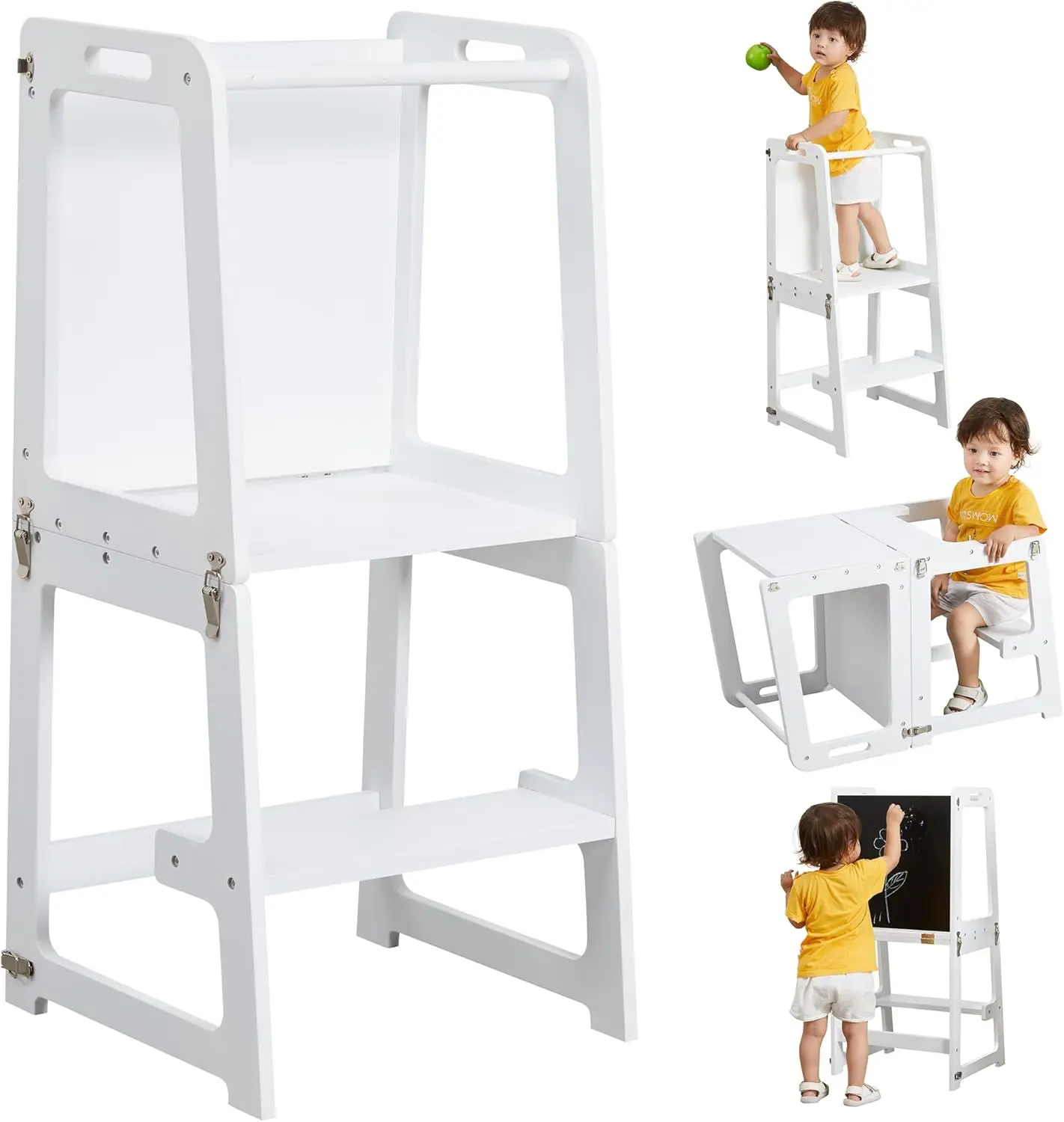 

Learning Tower for Toddlers and Kids 1-6 Years, Kitchen Helper Stool with Chalkboard, Desk Table, and Chair All in One, White