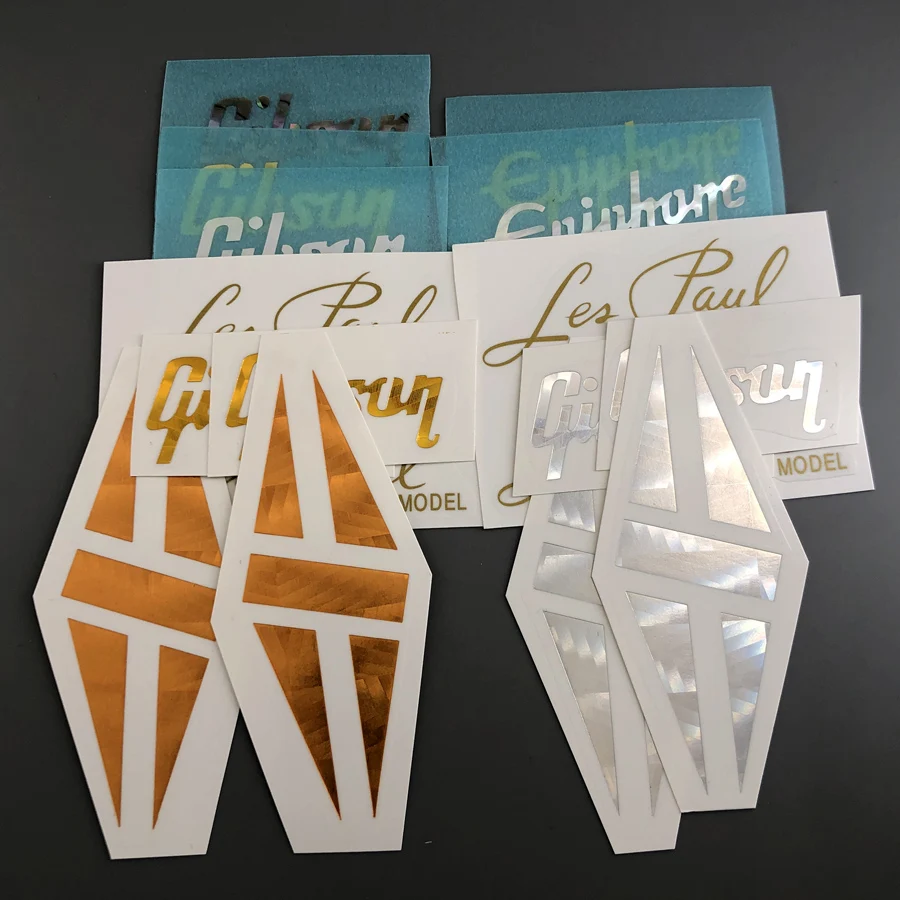 Calcomanía con Logotipo de Guitarra de 0.1 mm de Grosor, Blanca o Dorada, de Nácar o Tipo Waterslide, Adhesiva y Fácil de Aplicar