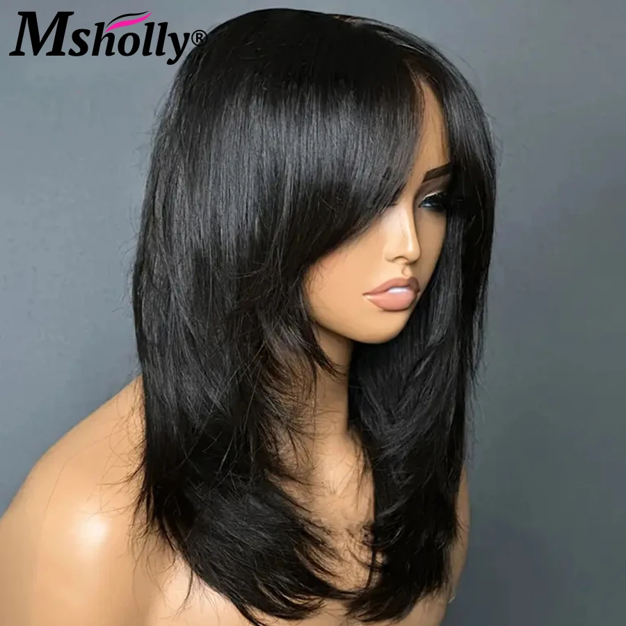 Inspired Layers With Curtain Bangs Wavy Wig 4x4 Glueless Wigs 100% Human Hair Wigs Free Part Clear Lace Preplucked Wig For Women