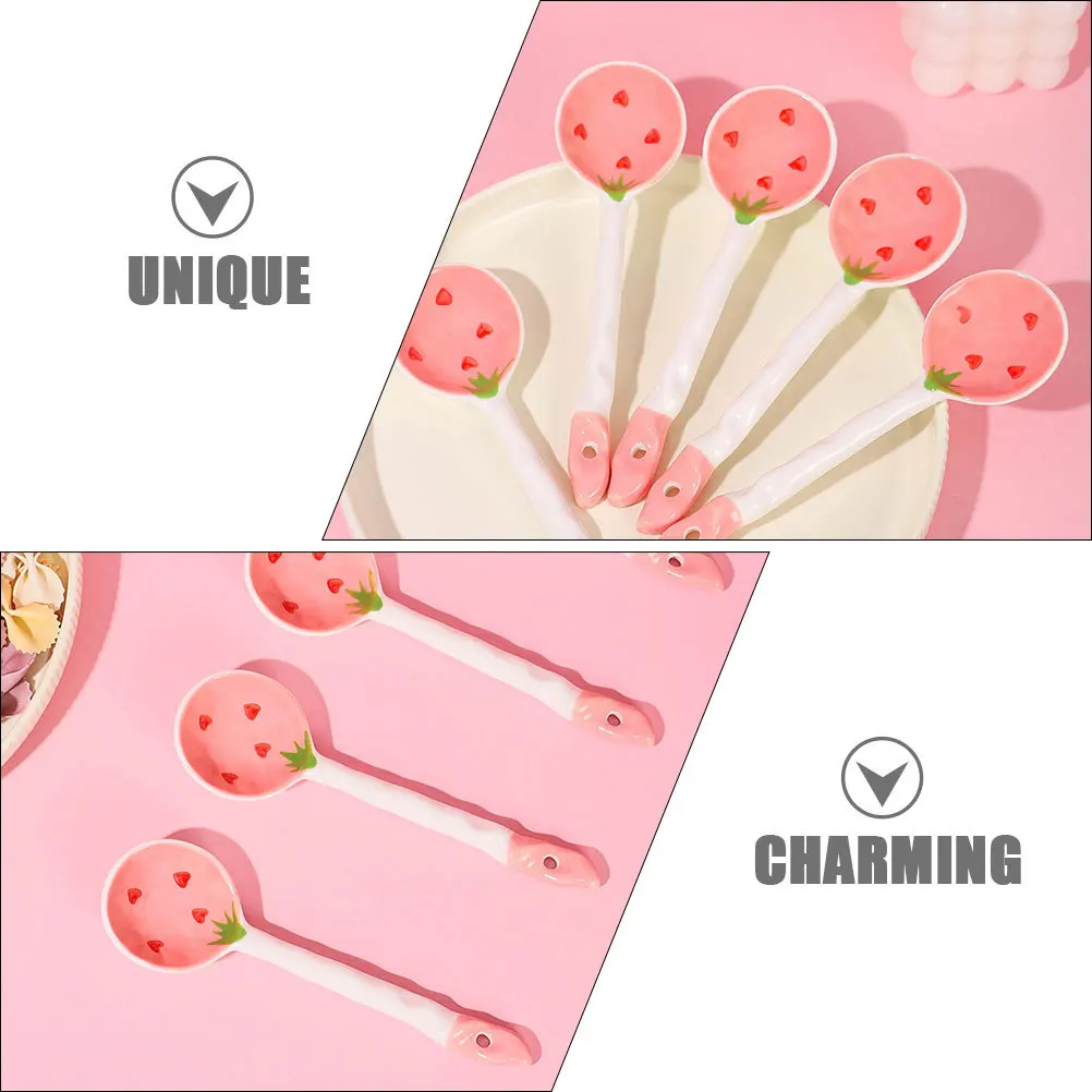 

2Pcs Ceramic Soup Spoons Strawberry Pattern Long Handle Dinner Spoons for Soup Stew Desserts Spoon Dinner Spoon