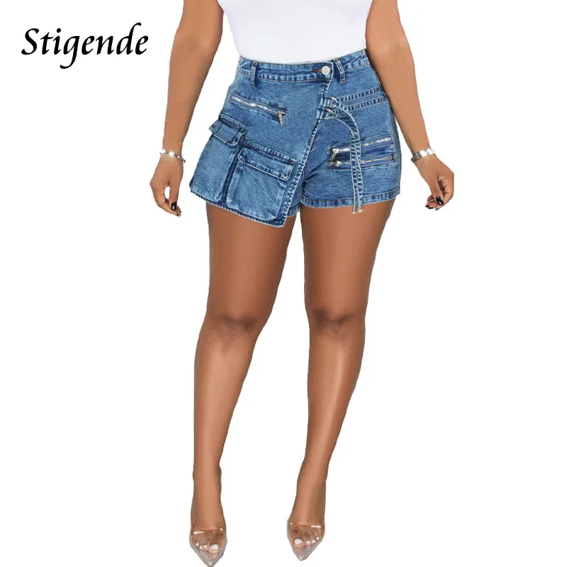 Women Summer Sexy Irregular Waist Jeans Patchwork Pocket Zipper Denim Shorts Fashion Adjustable Buckle Slim Fit Cargo Pants