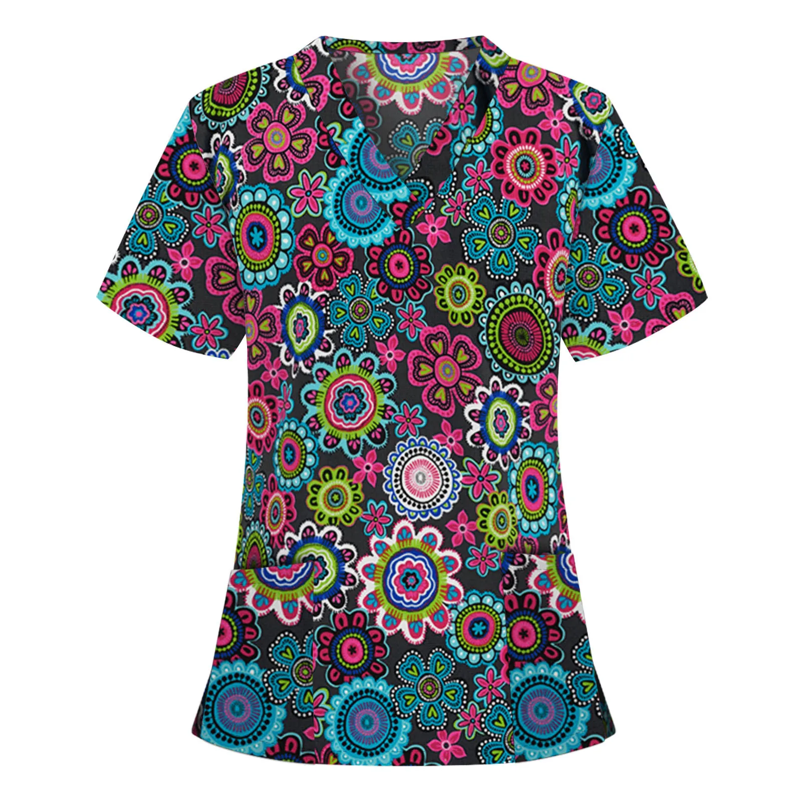 Scrubs Top Nursing Uniform Women Vintage Ethnic Print V-Neck Tunic Healthcare Workwear Nurse Uniforms Beauty Salon Spa Blouse