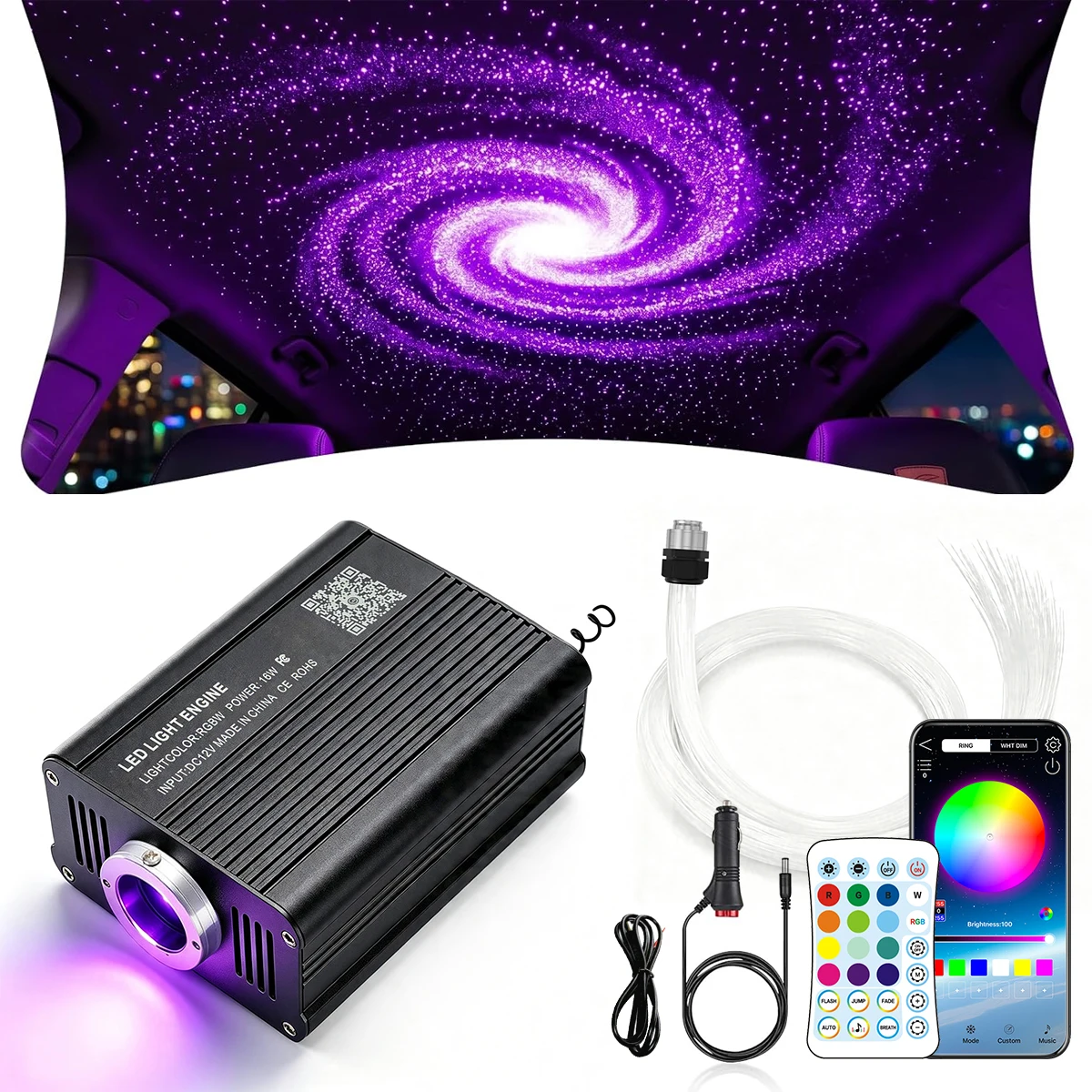 Upgraded Car Home APP Fiber Optic Lights kit RGBW Twinkle + Music Effect Star Ceiling Sky Light, Optical Fiber Cable 500/550pcs Strands 0.03in/0.75mm 2m/3m+ 28key RF Remote Control ﻿