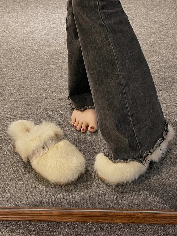 Shoes Ladies\' Slippers Platform Slipers Women Square heel Cover Toe Fur Flip Flops Med Winter Footwear Flock 2024 Block Plush wi