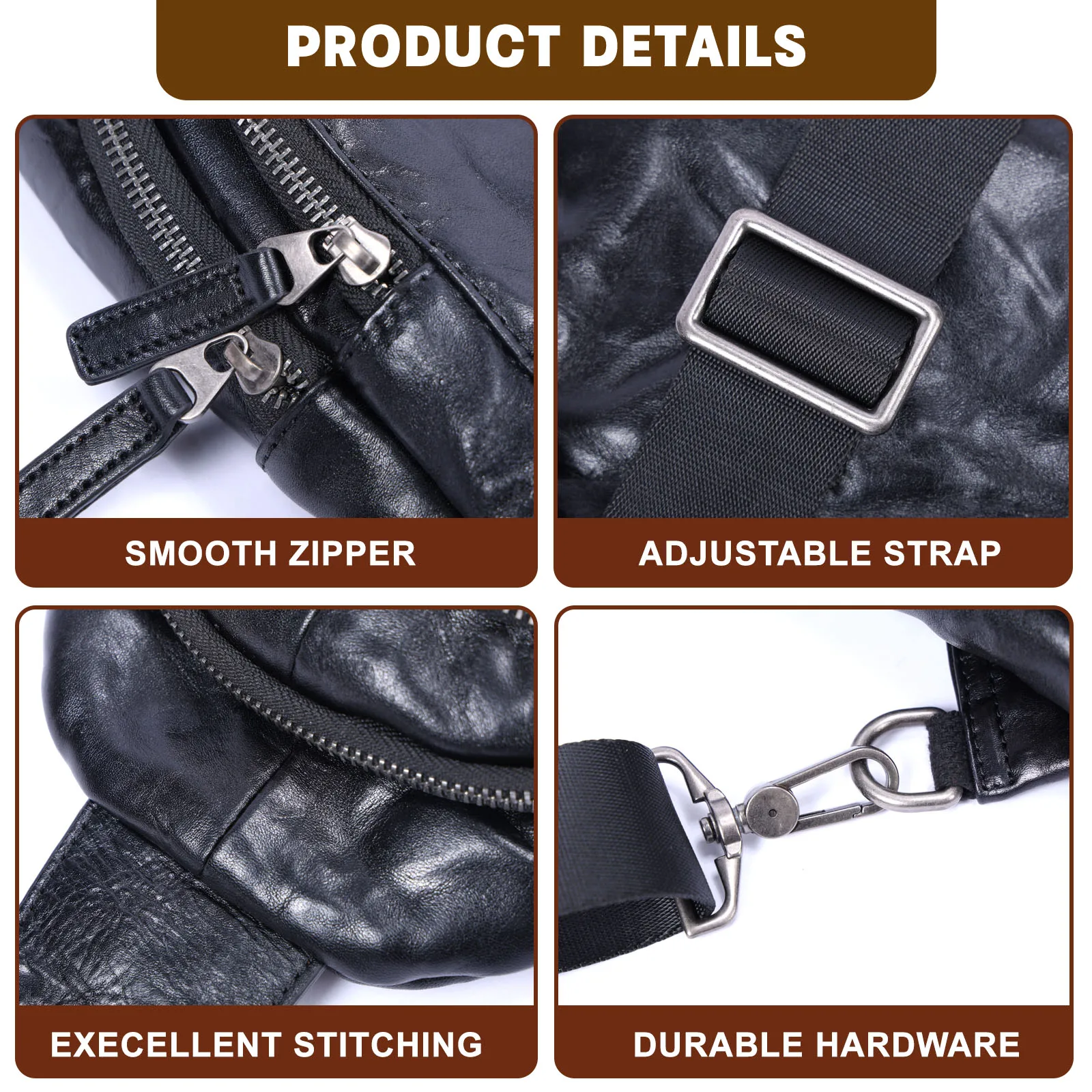 Echte Leder-Brusttasche für Herren, Casual-Umhängetasche aus Rindsleder, Modische Handyhülle, Pflanzlich gegerbtes Leder, Mini-Modell – Detail 13