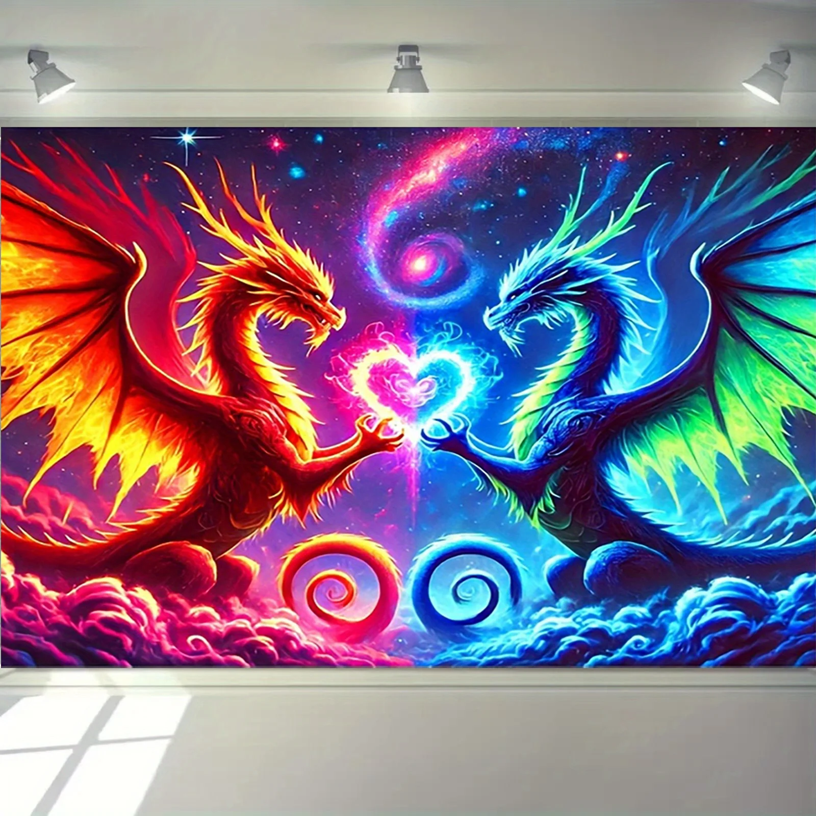 VIKAMA Kosmischer Wandteppich mit Drachenmotiv, Eis und Feuer, zwei Drachen, Neonfarben, Dekor, Wohnzimmer, Sofa, Hintergrund, Wandkunst, Raumdekoration
