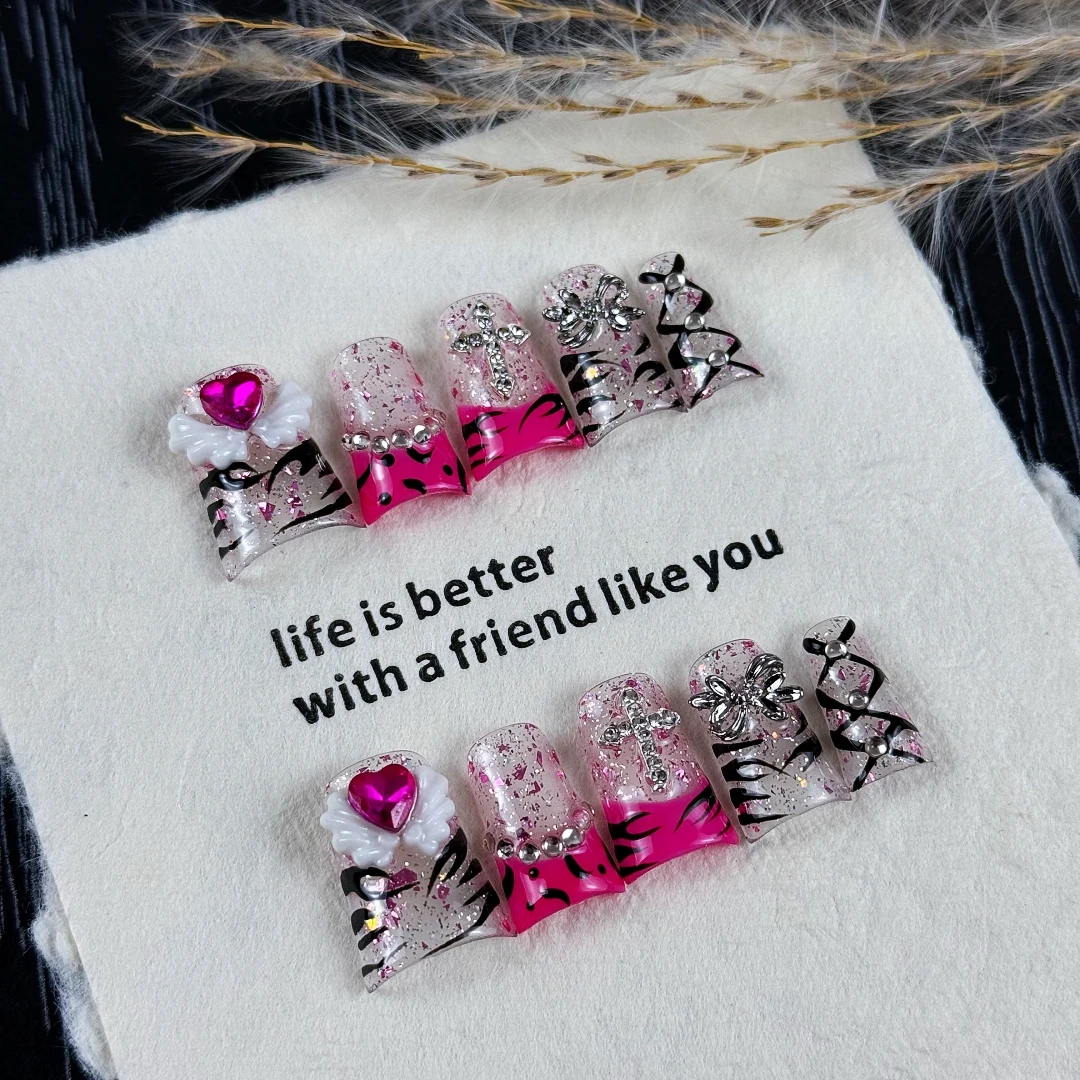 10 Stück hochwertige, süße und coole Mädchen-Style-Nägel, handbemaltes Zebramuster, lebendiges Graffiti, glänzende, glitzernde Diamanten, handgefertigte künstliche Nägel – Detail 8