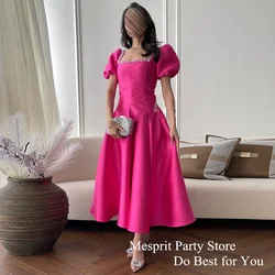 Fuchsia Cocktail Dress Short Sleeves Square Neck Bead Crystals Tea Length Satin Prom Gown Saudi Arabian Evening Dress 2024