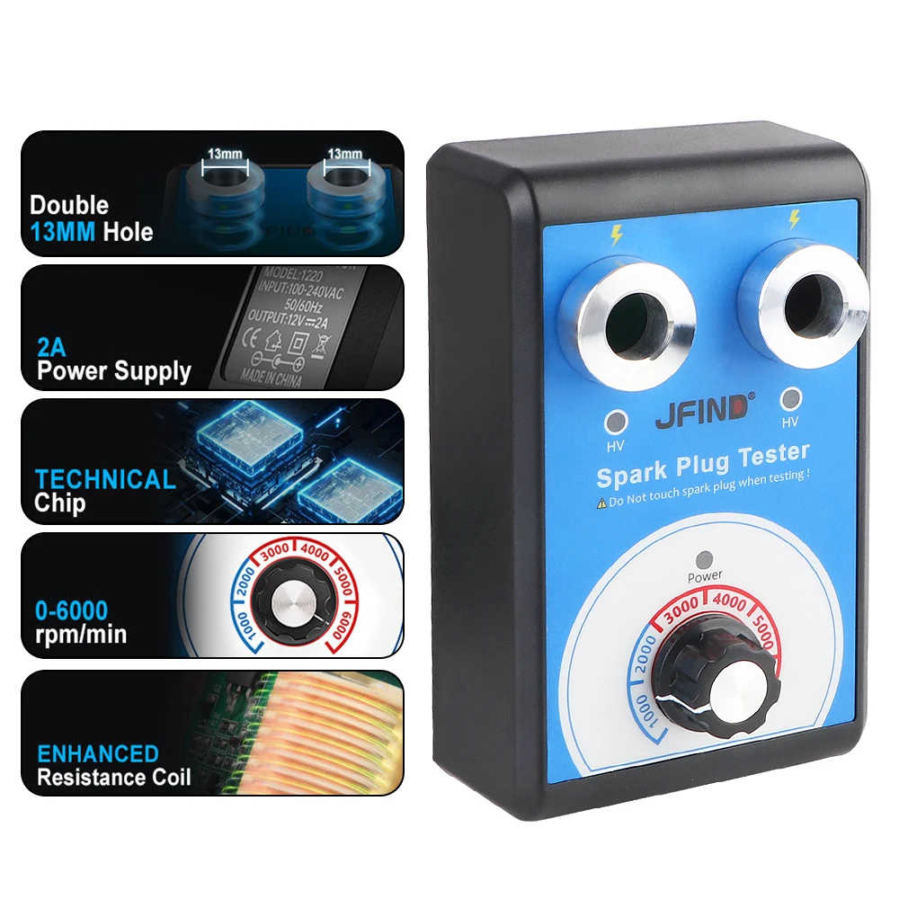 Jfind JF109 13 مللي متر ثقب مزدوج سيارة دراجة نارية السيارات شرارة التوصيل تستر 110 فولت 220 فولت إلى 12 فولت كاشف السيارات أدوات تحليل الإشعال