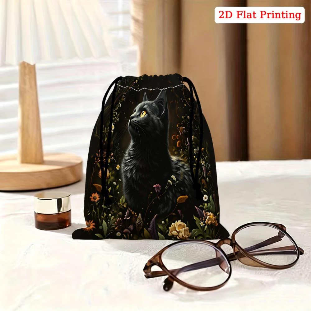 1pc Fashion Drawstring Bag Black Cat Floral Print Storage Small Pouch Travel Cosmetic Organizer Gift For Women Portable Lightwei