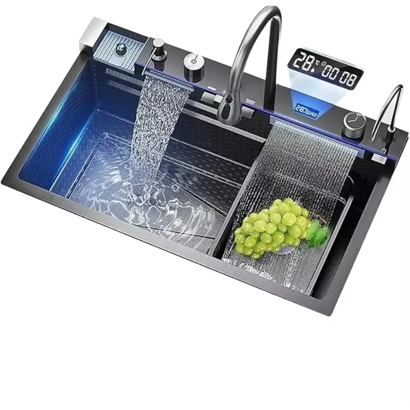 

Multifunction 304 Stainless Steel Single Bowl Kitchen Sink Modern Black Waterfall Rainfall Design for Modern Kitchens