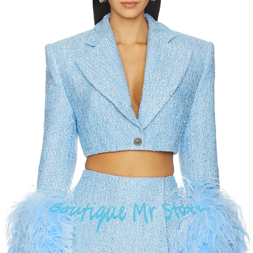 Light Blue Tweed Women's Short Jacket+Mini Skirt Sets with Feather Cuffs Notch Lapel Blazer 2Piece Suit for Chic Streetwear