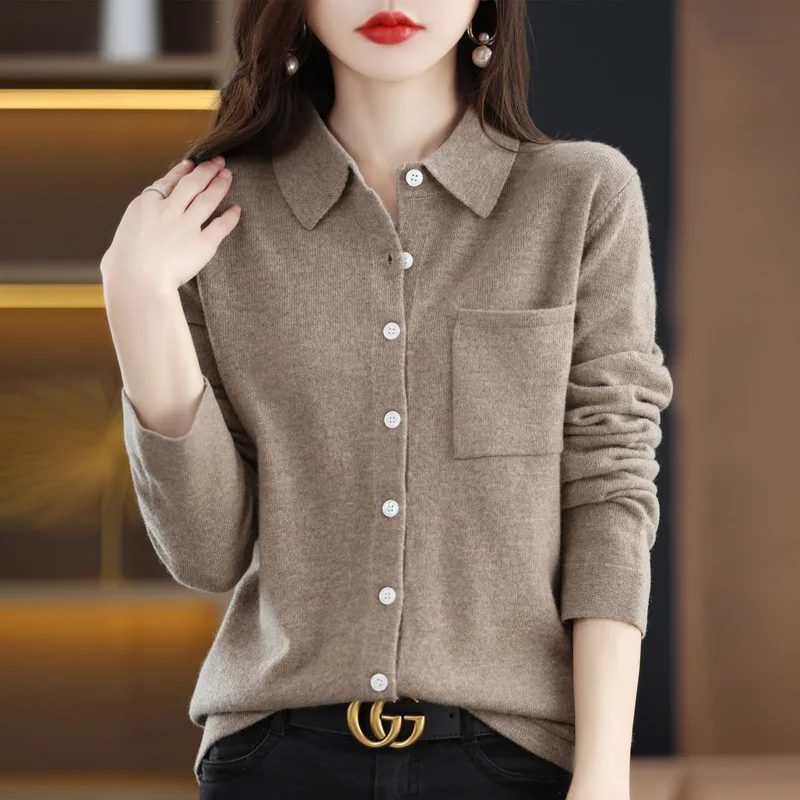 LHZSYY 100% Wool 2022 Spring and Autumn New Polo Neck Wool Knitted Cardigan Top Women\'s Style Loose With Pocket Sweater Coat