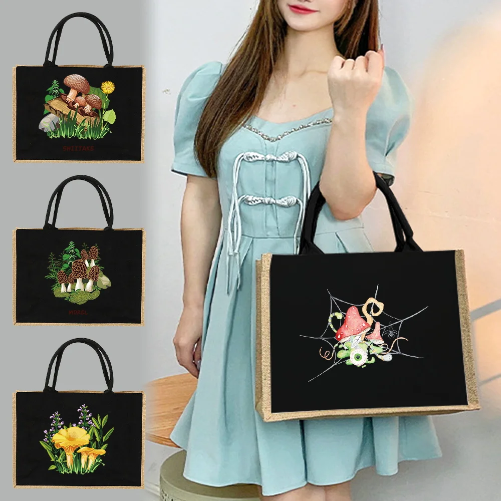 

Женская сумка через плечо для путешествий, имитация джутовых мешков, льняные сумки, сумка для пикника, сумка для покупок, ламинированная сумка с принтом грибов