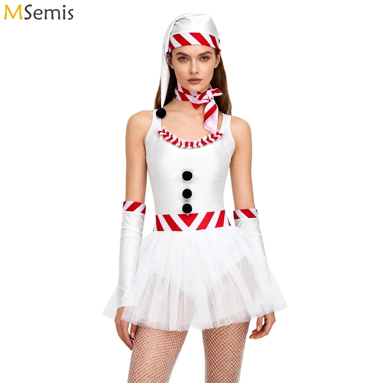 

Womens Christmas Bunny Snowman Xmas Cosplay Costume Tulle Tutu Dress with Striped Scarf And Hat Party Dress Up New Year Dress