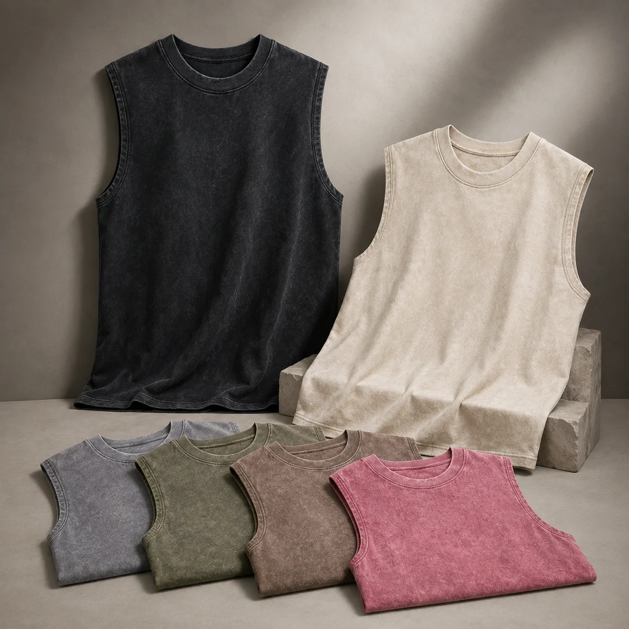 Men Acid Washed Tank Top 230G Cotton Sleeveless T Shirt Summer Vintage Muscle Gym Loose Shoulder Streetwear Beach Vest Tee