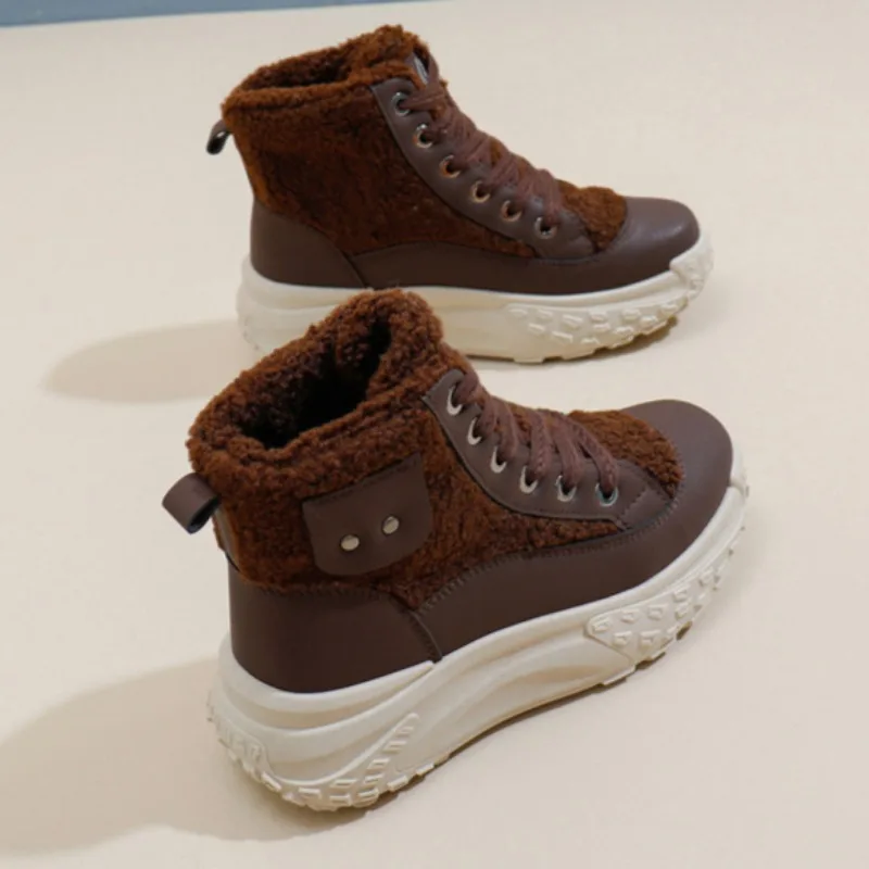 Inverno feminino hightop botas de algodão versátil antiderrapante cunhas botas de neve sola grossa rendas até sapatos de algodão ao ar livre quente caminhadas sapato