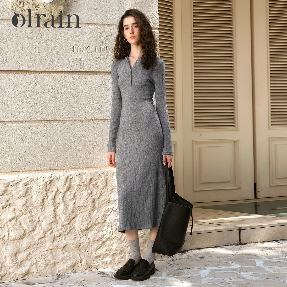 

OLrain Grey Knitted Women Dresses 2025 Spring Commute Crewneck Long Sleeve Straight Simple Button Ladies Midi Dress N56QL95022