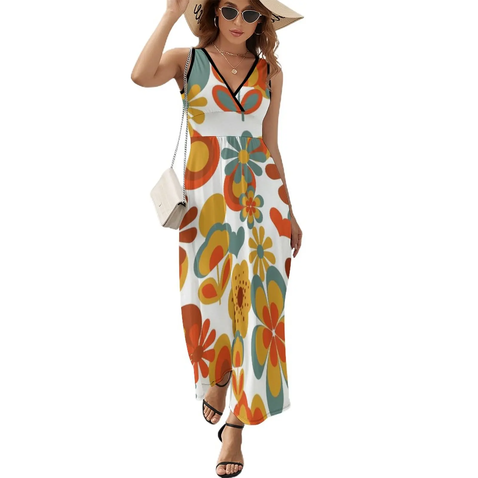 

70s Flower Power Sleeveless Dress luxury woman party dress Aesthetic clothing Women's evening dress