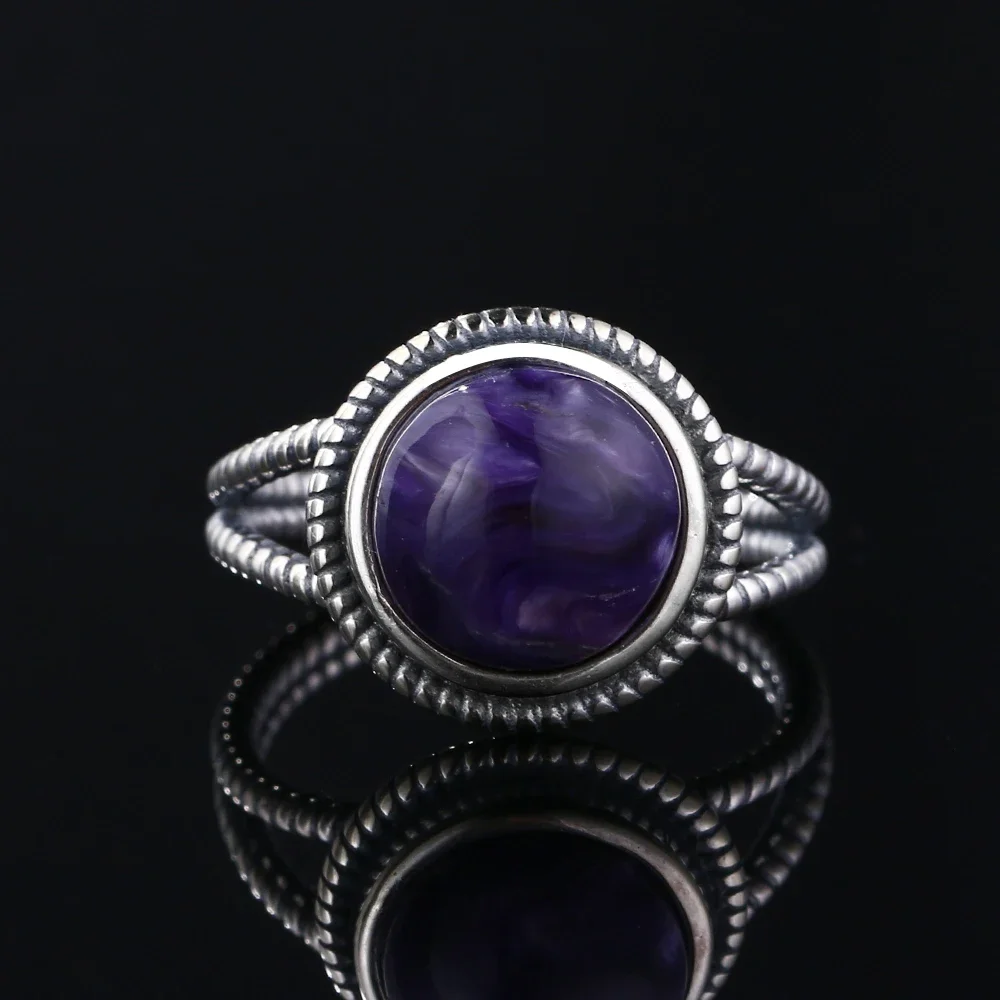 Natural Charoite S925 Silver Ring Vintage Style Purple Stone 10MM Round Engagement Retro Wedding Ring Gift Jewelry