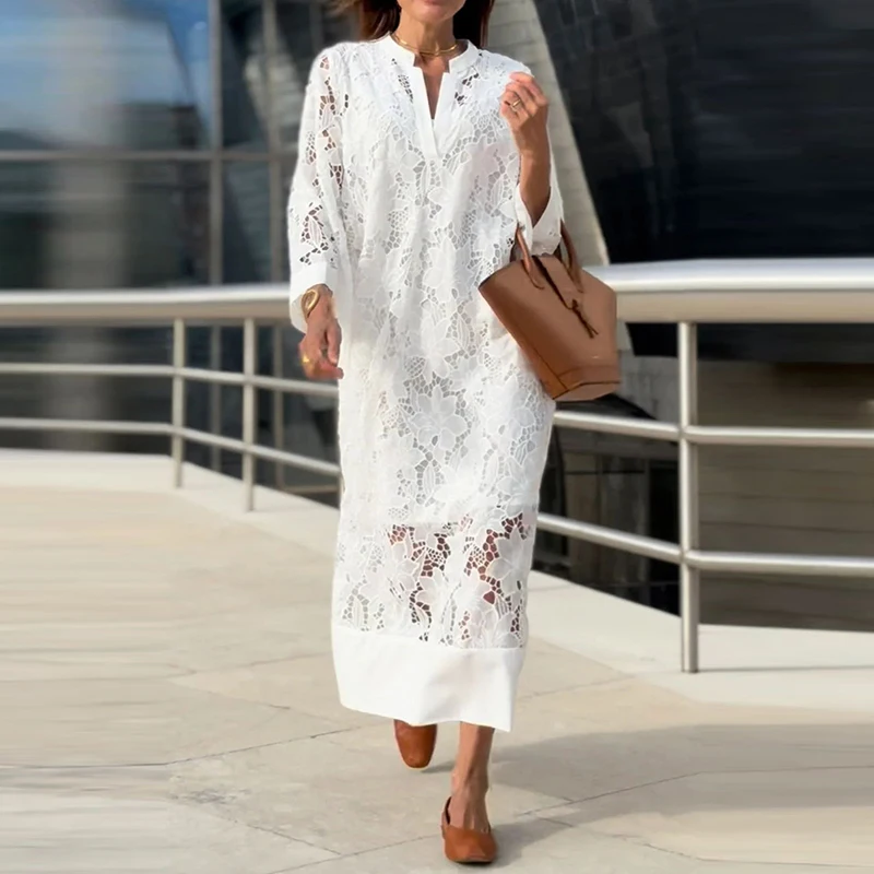 Spring Casual Loose Solid Party Dress Autumn Sexy Lace Embroidery Cover Up Dress Women Elegant V-neck Long Sleeves Long Dresses