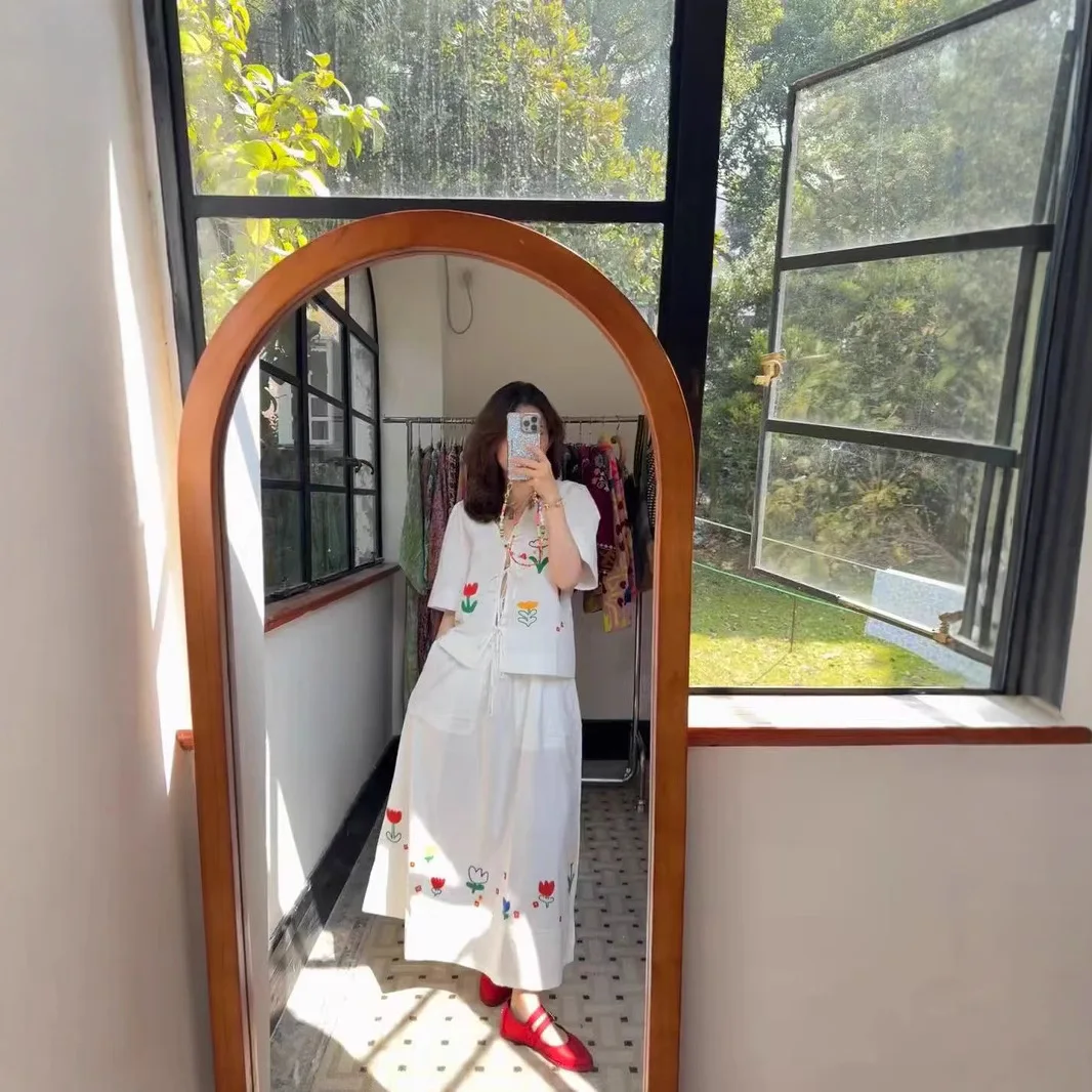 

Spring Summer New Loose irt Embroidered High Waist Belted Floral A-Line Skirt Faion Set High Waist Belted Design