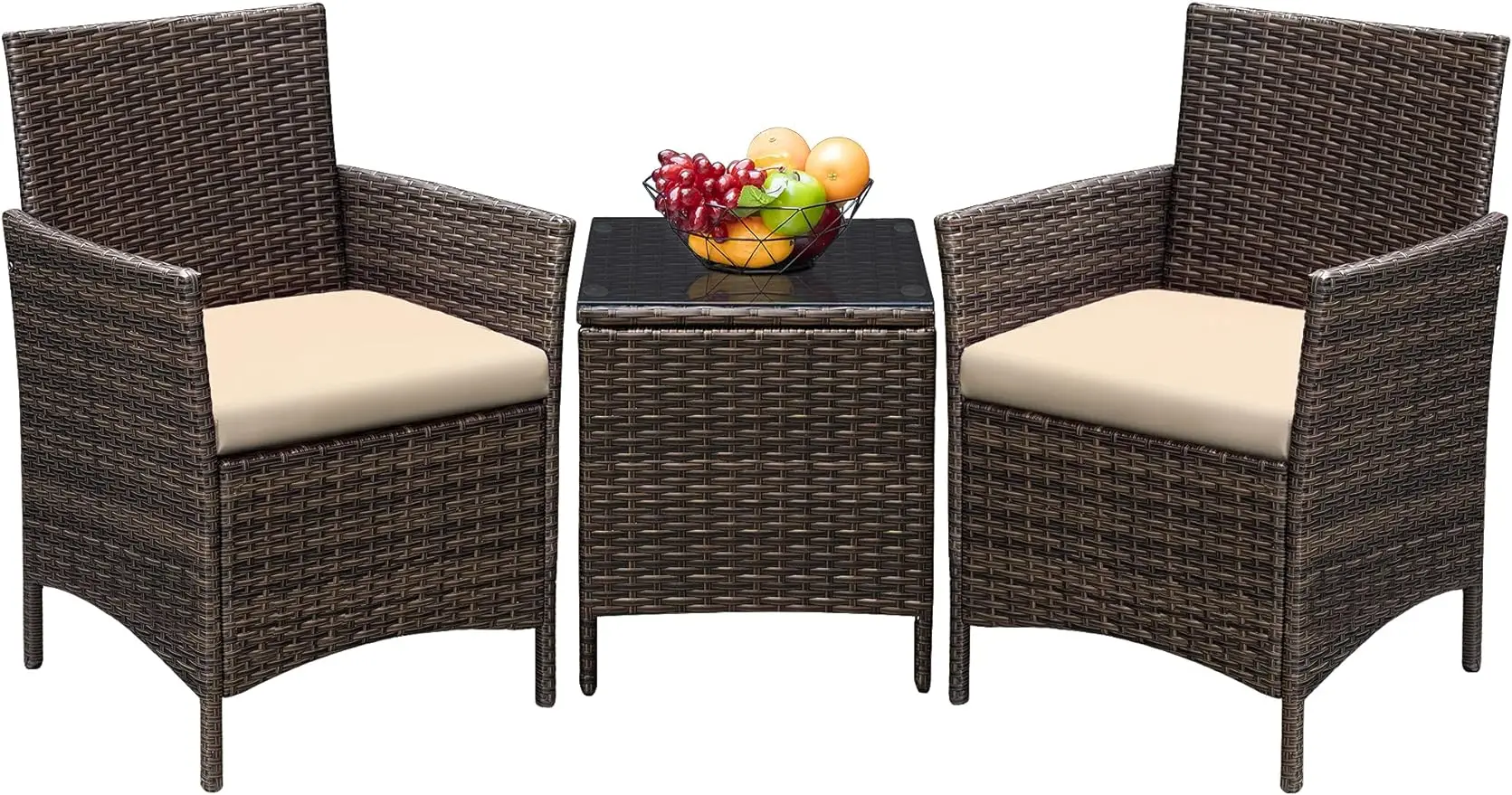 

3 Pieces Patio Furniture PE Rattan Wicker Chair Conversation Set, Brown and Beige, 26.6x12.1x19.3 inches