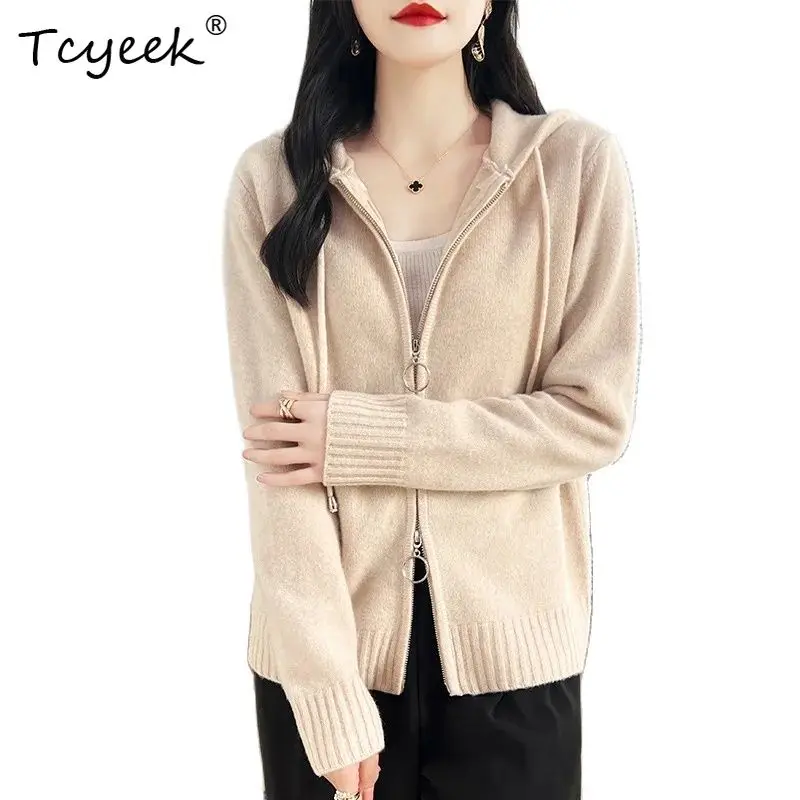 

Tcyeek, 100%Pure Wool Elegant Hooded Cardigan, Women Long Sleeve Zipper, Casual Loose Knit Sweater Coat, Fall Winter T48265QC