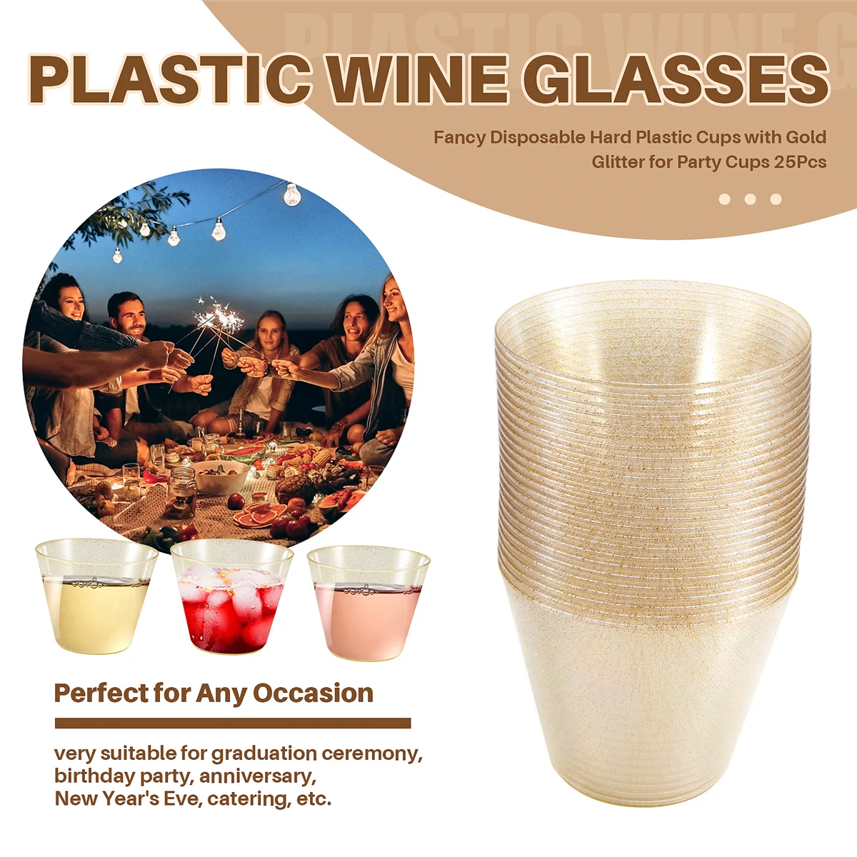 Gold Plastic Cups Clear Plastic Wine Glasses, Fancy Disposable Hard Plastic Cups with Gold Glitter for Party Cups 25Pcs HGC