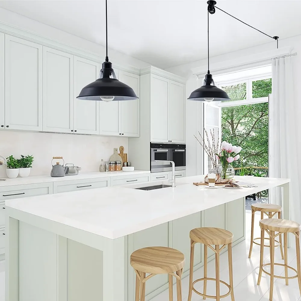 โคมไฟเพดานแบบลูกรอกสไตล์วินเทจอุตสาหกรรม พร้อมสวิตช์เปิด/ปิด สายไฟยาว 16.4 ฟุต ขั้วหลอด E26 แพ็ค 2 ชิ้น สีดำ สำหรับห้องครัวและต้นไม้ในบ้าน