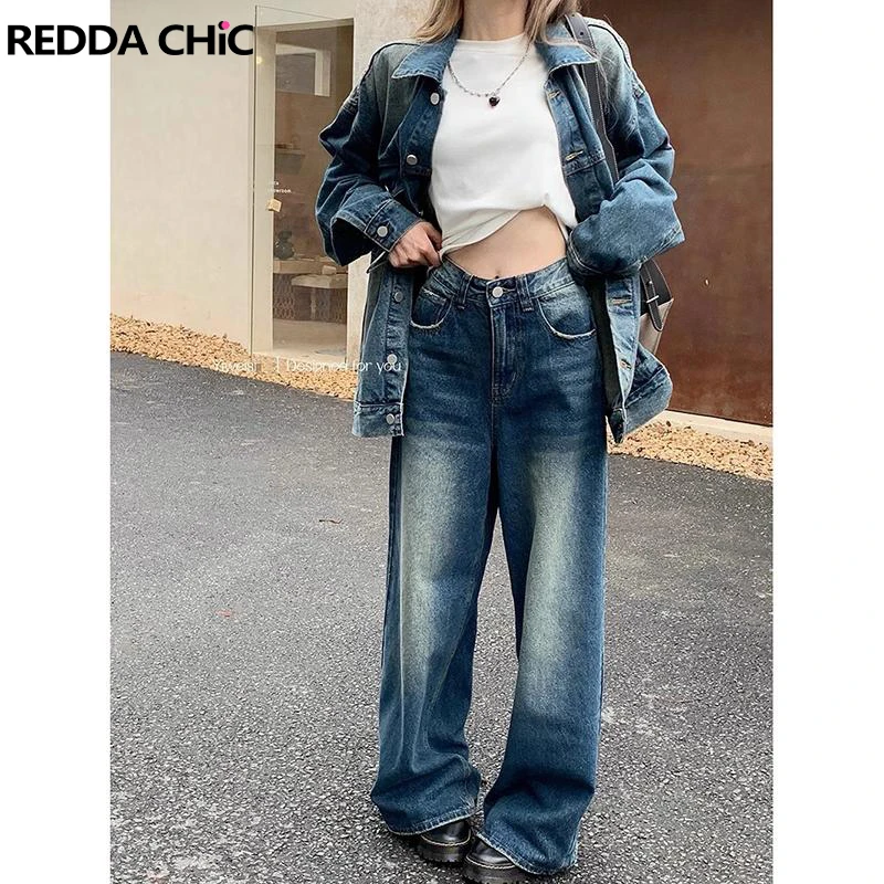 

ReddaChic Blue Brushed Baggy Jeans for Women Vintage Washed High Waist Wide Leg Oversized Pants Y2k 90s Skater Hip Hop Troursers