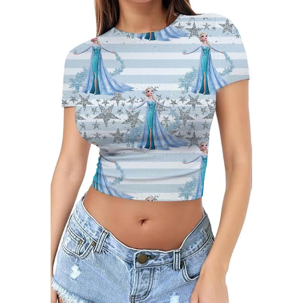 Estate nuova 2025 donna stampata 3D Disney principessa serie manica corta girocollo casual elegante maglietta corta attillata top