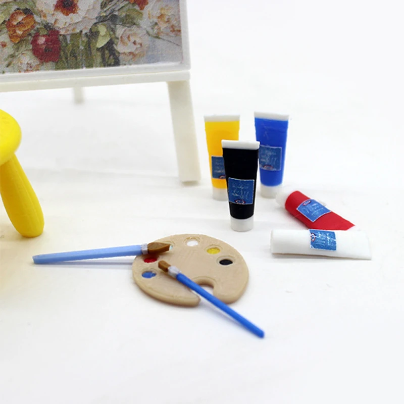 Mini tubo de pigmento para casa de muñecas, paleta de pinceles de pintura, modelo de casa de muñecas, suministros de arte para sala de estar, decoración, accesorios para casa de muñecas