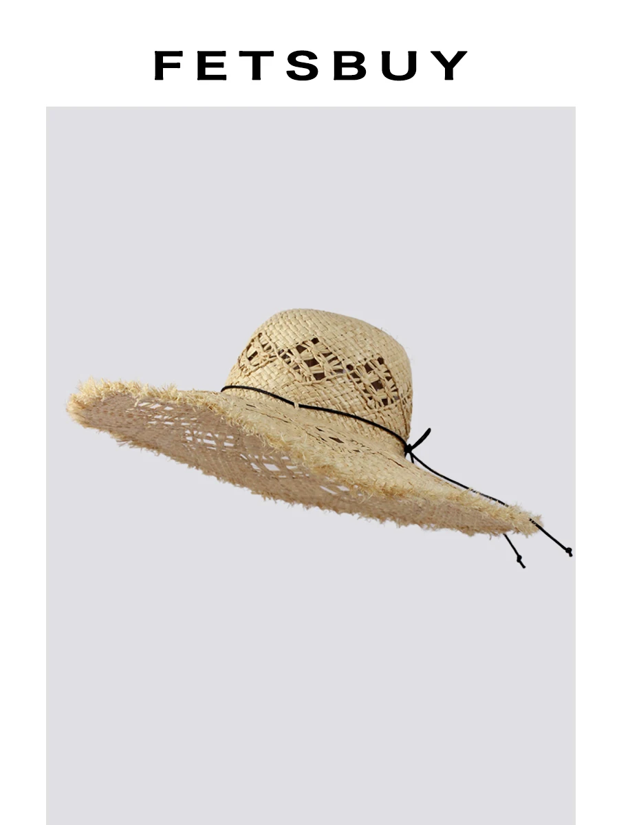 fetsbuy-hollow-out-straw-hat-adjustable-large-brim-sunscreen-beach-vacation-cap-breathable-summer-fashion-accessory