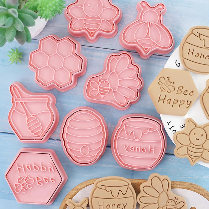 8pcs/set Cartoon Bee Cookie Cutters 3D Bee Honey Biscuit Mold Cookie Stamps Baking Mold DIY Kitchen Baking Tools