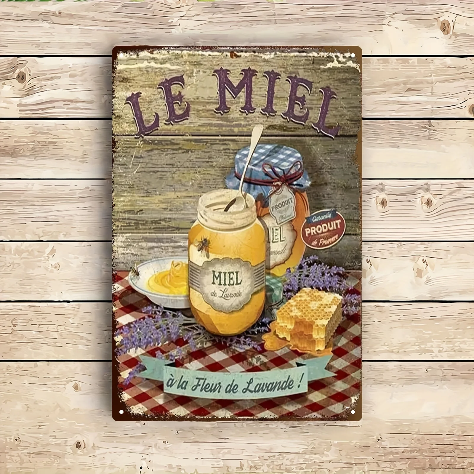 Letrero Metálico de Pared Estilo Rústico Francés en 2D Plano, con Diseño de Abeja y Lavanda, con la Inscripción LE MIEL