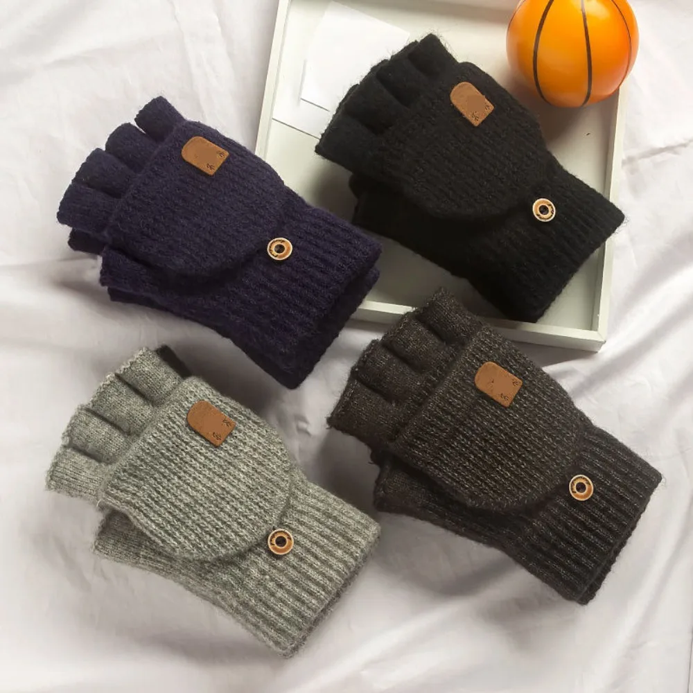 1 Pair Winter Warm Wool Gloves Knitted Flip Gloves Thickening Fingerless Gloves Touch Screen Exposed Finger