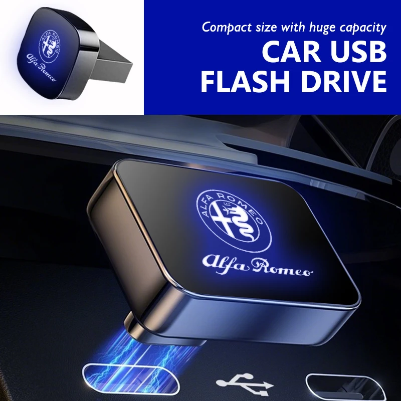 Para Alfa Romeo 32G/64G luz LED unidad Flash USB de moda almacenamiento de memoria de coche U disco GT Stelvio F1 Brera Volante Tonale Gloria