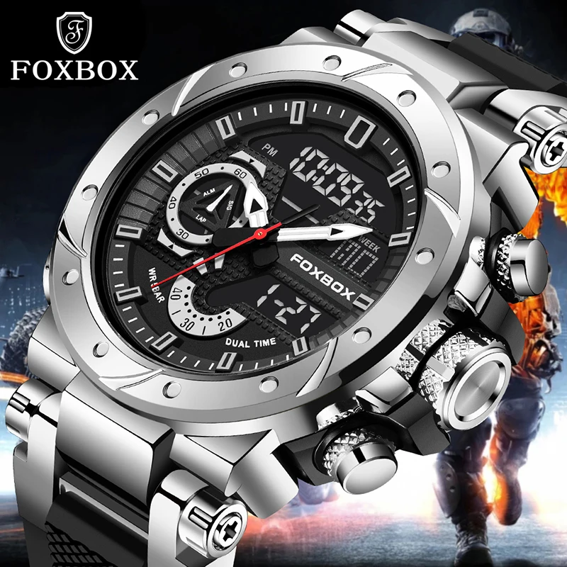 

FOXBOX лучший бренд часы роскошные мужские кварцевые водонепроницаемые цифровые наручные часы модные военные мужские часы светящиеся часы Reloj Hombre