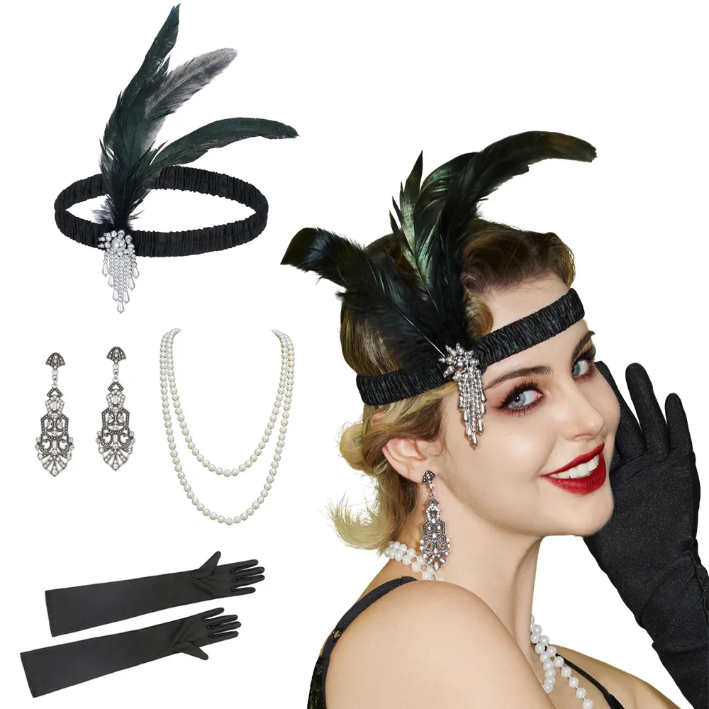 4Pcs/set Women 1920S Headband Gatsby Cosplay Stage Performance Retro Feather Headband Necklace Earring Accessories Set