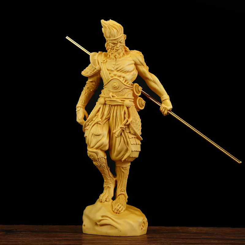 Hand-Carved Boxwood Monkey King (Sun Wukong) Statue - Solid Wood Car Dashboard Ornament & Unique Decor