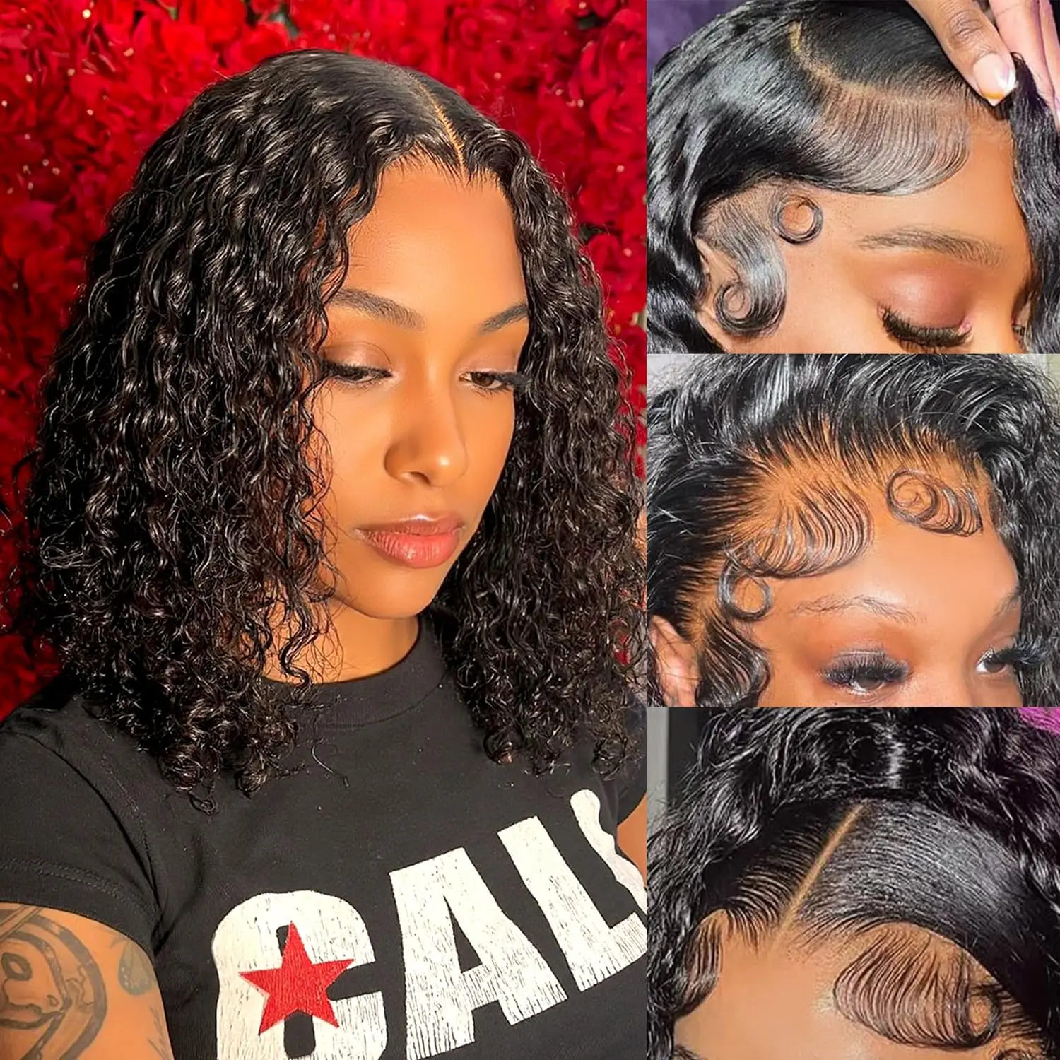 16-дюймовые вьющиеся парики Короткие парики Боб 13x4 Глубокая волна Боб Парики фронта шнурка Человеческие волосы 200% Плотность Прозрачные парики Remy для женщин