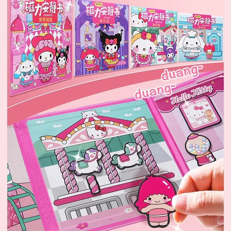 New Sanrio Magnetic Quiet Book Hello Kitty Kuromi Cinnamoroll Handmade Diy Repeatable Toy Magnetic Stickers Girl's Gift Kids Toy