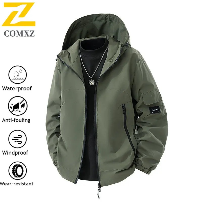 COMXZ hombres al aire libre con capucha senderismo rompevientos primavera otoño abrigo impermeable a prueba de viento ajuste suelto chaqueta de utilidad con cremallera multibolsillo