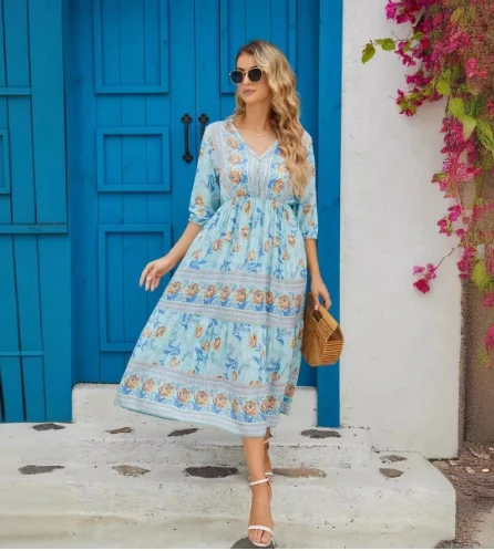 

Vintage Women's Dress Half Sleeve V-neck Bohemian Flower Printed High Waist A-line Beach Casual Elegant Women's Vacation Dress